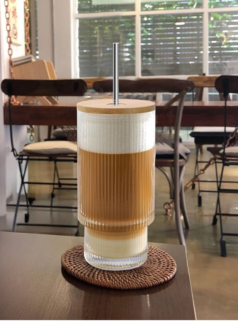 Striped Glass Travel Mug with Straw